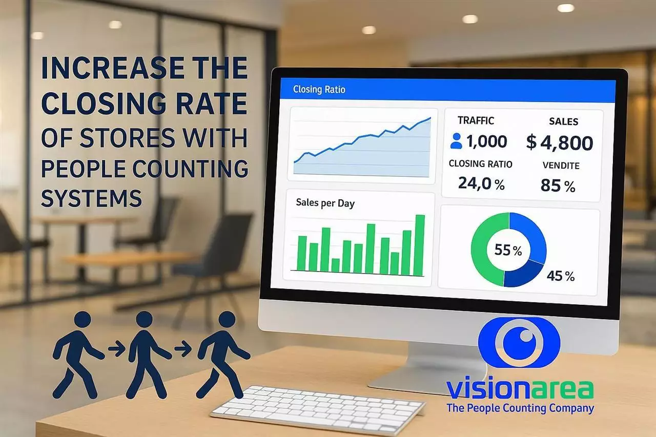 Retail analytics dashboard showing traffic, sales and closing ratio, with Visionarea logo and people counting system